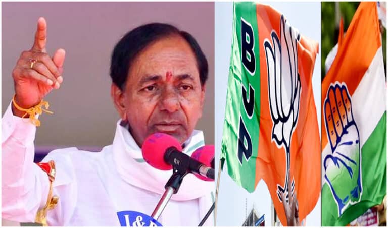 KCR Political Strategy for 2023 elections in Telangana State BJP Congress flags