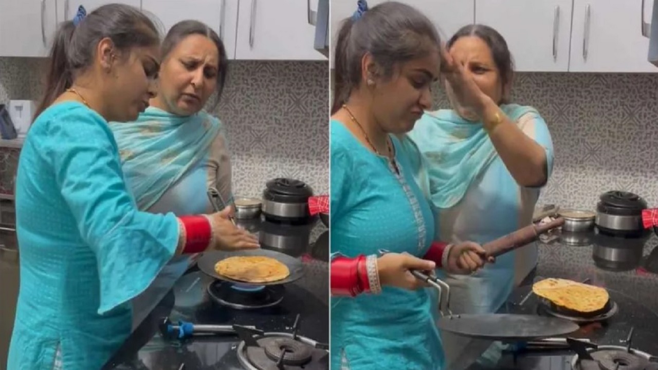 Daughter in law makes roti with herr mother in law premises