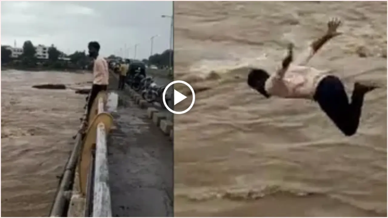 Viral Video _ Young Man Jumped into Flood Water on Tension Among Officials